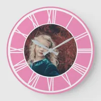 White Roman Numeral Border Pink Add Photo Round Large Clock