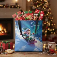 Joyful Christmas Elf Sledding  Tote Bag