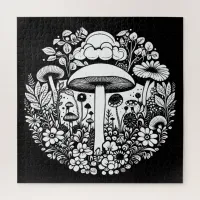 Black and White Flowers and Mushrooms Vintage Jigsaw Puzzle