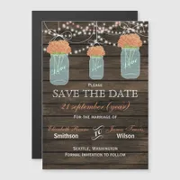 Barn wood mason jars coral flowers save the date magnetic invitation