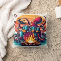 Octopus Playing Drums by a Campfire at Dusk Throw Pillow