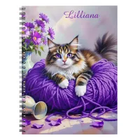 Cat  in Purple Yarn and Flowers Personalized Notebook
