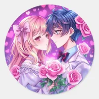 Cute Couple Anime in Love Classic Round Sticker