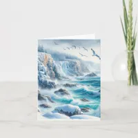 Serene Winter Watercolor Coastal Seascape Blank Note Card