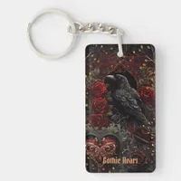 Dark Gothic Beauty Red Roses Black Crow Raven Bird Keychain