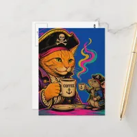Adorable Pirate Cat and Mouse With Coffee Postcard