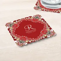 Red Bohemian Batik Monogram Wedding  Paper Coaster