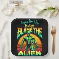 Vibrant Sunset Frames Green Alien Paper Plates