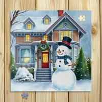 Cute Whimsical Snowman in the Front Yard Christmas Jigsaw Puzzle