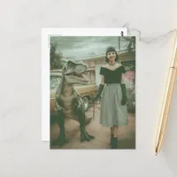 A woman walks her pet T-Rex Postcard