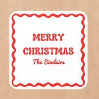 Modern Wavy Border Trendy Red Christmas Party Square Sticker