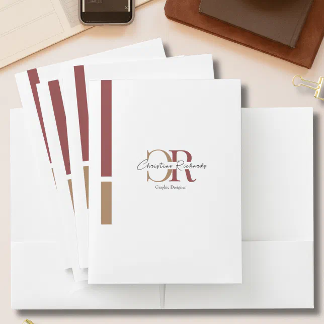 Simple Modern Burgundy Gold Monogram Pocket Folder