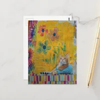 A Cool Ginger Kitty on Yellow Mixed Media Collage Postcard