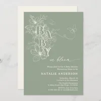 Boho Sage Green Floral Butterflies Baby in Bloom Invitation