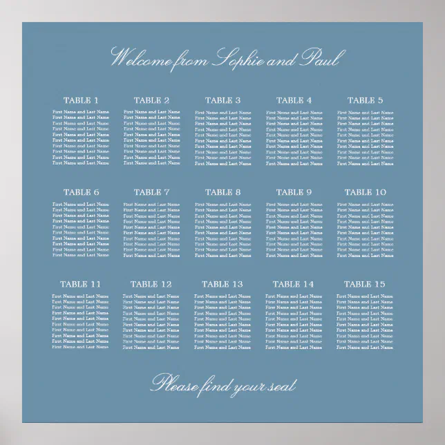 Dusty Blue 15 Table Wedding Seating Chart Poster