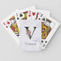 Letter "V" Floral Monogram White Marble Poker Cards