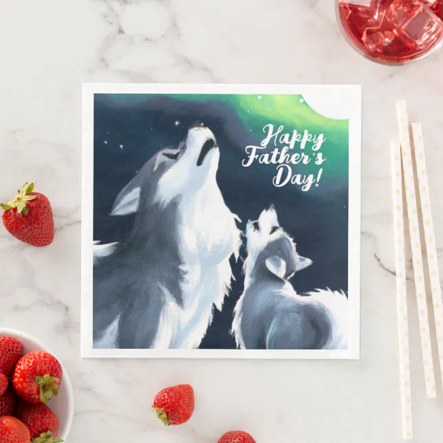 Cute Wolf and Pup Howl at Full Moon Father's Day Paper Dinner Napkins