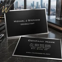 Minimalist Black Silver Foil Border Text Executive Business Cards