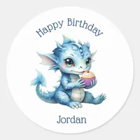 Cute Blue Baby Dragon Eating a Cupcake Classic Round Sticker