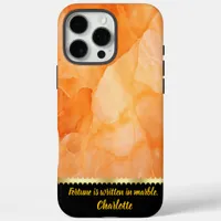 A close-up view of vibrant orange marble patterns iPhone 16 pro max case