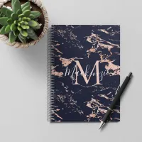 Chic Navy Blue and Rose Gold Foil Marble Monogram Notebook