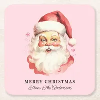 Retro Santa Pink Personalized Name Christmas Square Paper Coaster