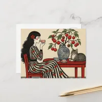 Tea With My Cat in my Cherry Dress Postcard