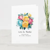 Turquoise, Yellow and Pink Floral Wedding Photo Thank You Card