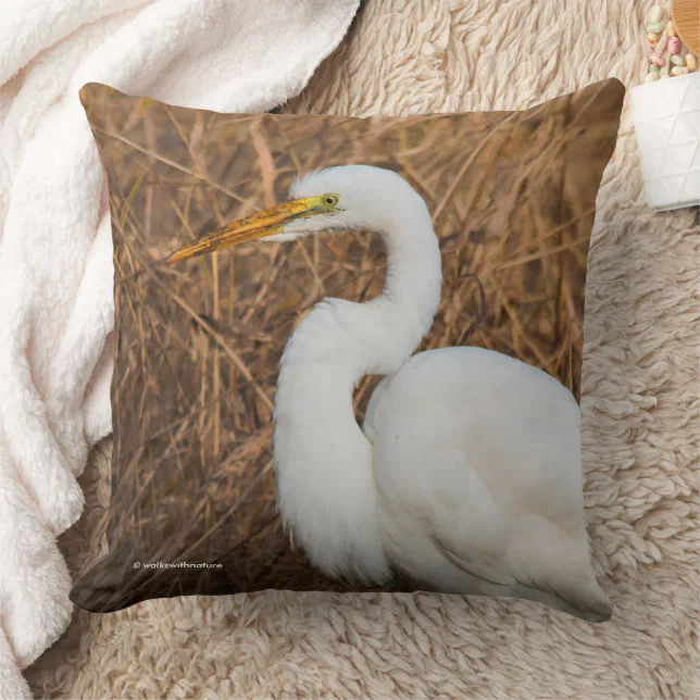 Elegant Great Egret Wading Bird in the Reeds Throw Pillow