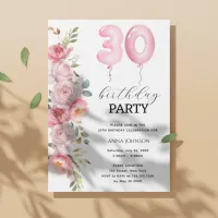 Pink  Peony Floral Balloon 30th Birthday Party  Invitation