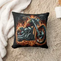 Bold motorcycle engulfed in vibrant flames at dusk throw pillow