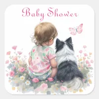 Pink Baby and Puppy Baby Shower Square Sticker