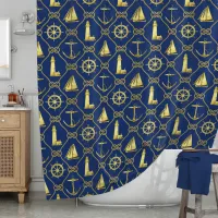 Gold Navy Blue Nautical Ships Rope Decor Shower Curtain