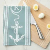 Monogram Nautical Anchor Rope Neutral Turquoise Kitchen Towel