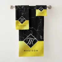 Elegant Black Marble & Gold / Brass Foil Monogram Bath Towel Set