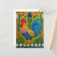 Colorful Folk Art Rooster Postcard