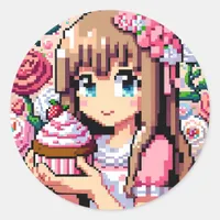 Pixel Art Girl's Pink Birthday Party Classic Round Sticker