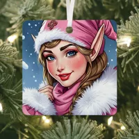 Cute Pink Elf Festive Christmas  Metal Ornament