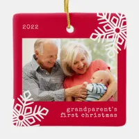 Grandparent's First Christmas Red Snowflake Photo Ceramic Ornament