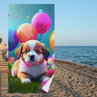 Cute puppy with balloons - sweet  beach towel