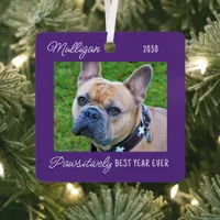 Cute Dog Quarantine Christmas Purple Pet Photo Metal Ornament