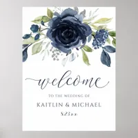 Wedding Welcome Sign Navy Blue Watercolor Floral