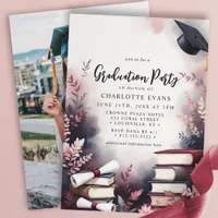 Burgundy Blush Floral Books Graduation Party Photo Invitation