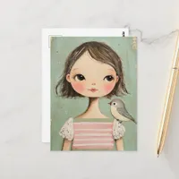 Adorable Girl With a Bird on Her Shoulder Postcard