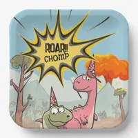 Roarsome Dino Birthday, Cute Cartoon Dino Paper Plates