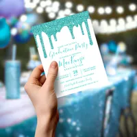 BUDGET Aqua Teal Glitter Drips Graduation Party