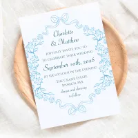 Elegant Floral & Bow Illustration Blue Wedding  Invitation