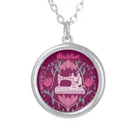 Vintage Sewing Machine:Floral Fuchsia Personalized Silver Plated Necklace