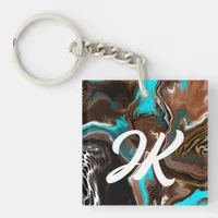 Monogrammed Blue, Brown and Black Abstract Art    Keychain