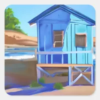 Blue Cottage on Stilts Beach House Square Sticker